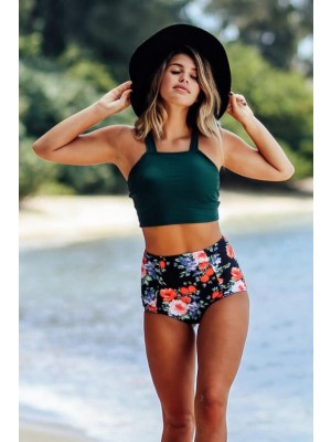 Green Floral High Neck Wide Straps High Waist Two Piece Bikini Set