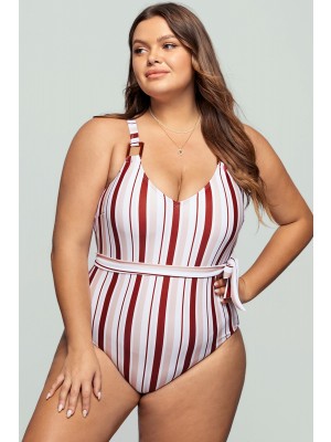 Striped Belted V Neck OnePiece Swimsuit