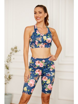 Floral Print Sporty Yoga Top With Biker Shorts