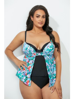 Light Green V Neck Ruffle Adjustable Straps Tankini Set