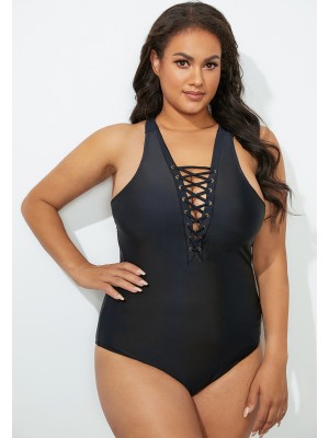 Black Lace Up One Piece Swimsuit