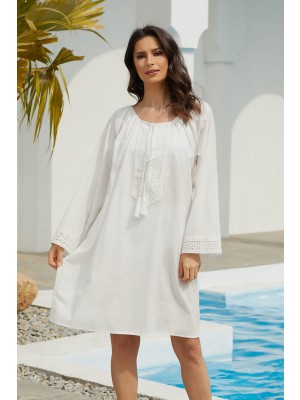 Solid Lace Splicing Elbow Sleeve Tunic Cover Up