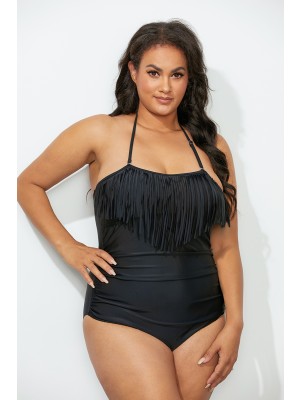 Black Fringe Bandeau One Piece Swimsuit