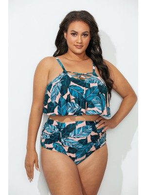 Green Leaf Strappy Scoop Neck High Waist Bikini Set