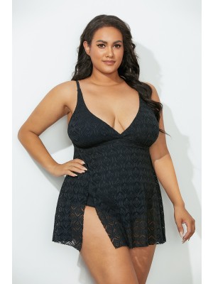 Black Side Slit Vneck Swimdress