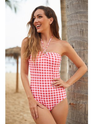 Red Halter Neck Plaid Spaghetti Strap  One Piece Swimsuit