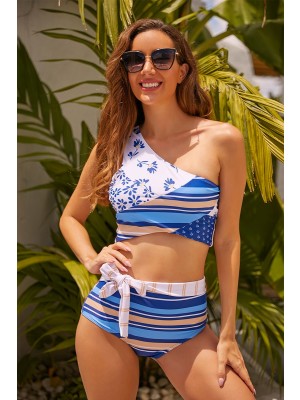 Colorblock Striped One Shoulder Tie Side Two Piece Bikini Set