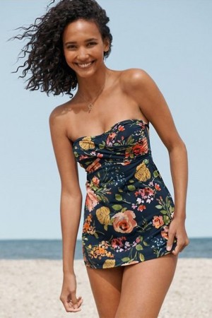Classicl Blue Floral Ruched Halter Spaghetti Straps Swimdress