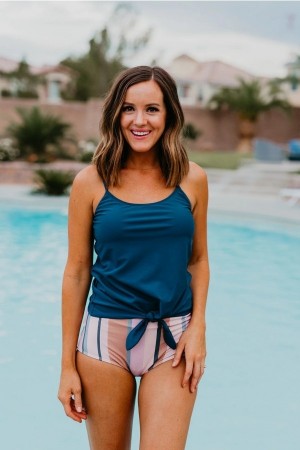 Navy Scoop Neck Adjustable Straps Tie Front Blouson Tankini Set