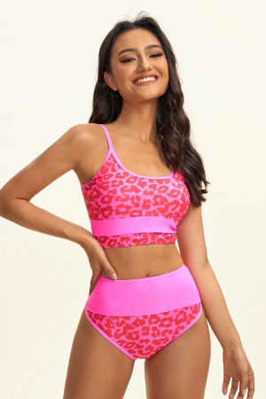 Pink Leopard Print Scoop Neck High Waist Bikini Set