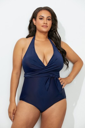 Midnight Faux Wrap Halter One Piece Swimsuit