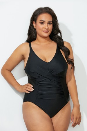 Black Twist Ruched One Piece Swimsuit