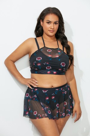 Black Floral High Neck Bikini Set