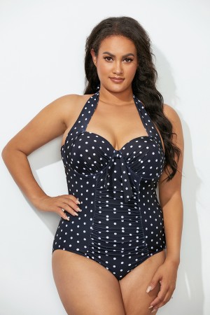 Black Scoop Neck Dot Halter Underwire One Piece Swimsuit