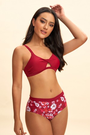 Floral Print Scoop Neck Tankini Top With White Skirt