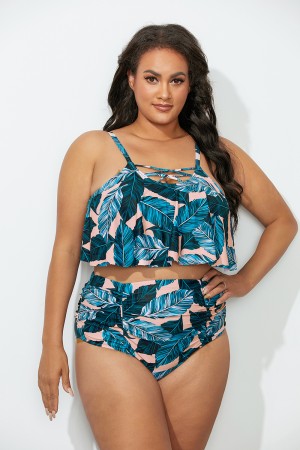 Green Leaf Strappy Scoop Neck High Waist Bikini Set