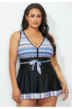 Geometric V-Neck Tie Front Swimdress