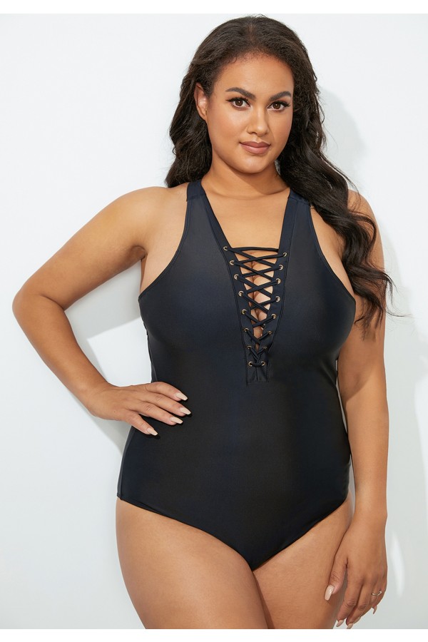 Black Lace Up One Piece Swimsuit