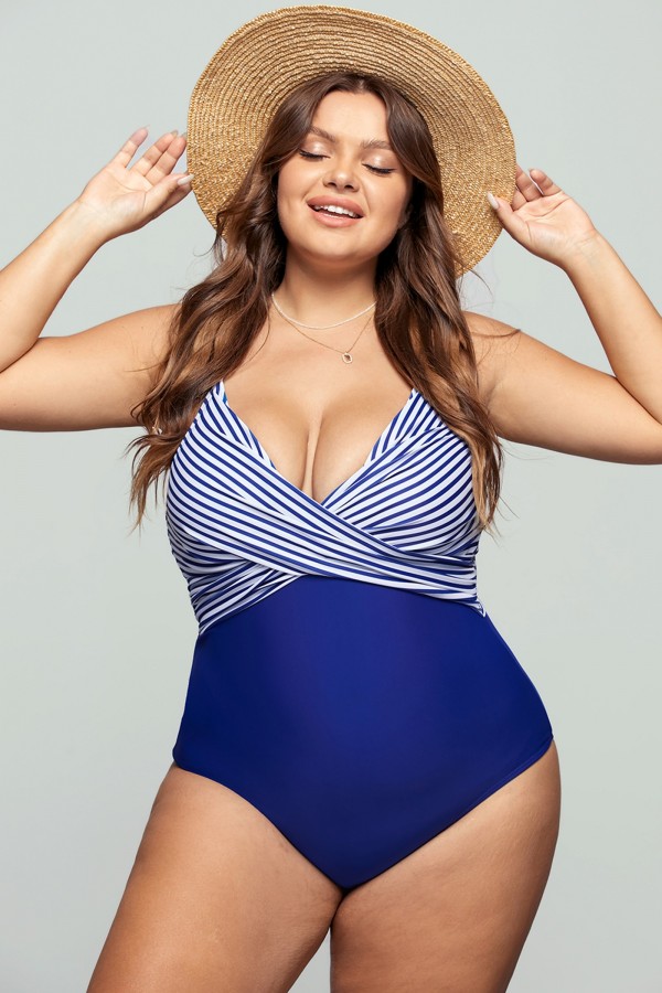 Striped Wrap V Neck OnePiece Swimsuit