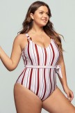 Striped Belted V Neck OnePiece Swimsuit
