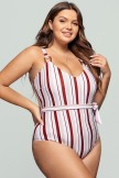 Striped Belted V Neck OnePiece Swimsuit