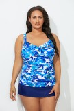 BELLFLOWER RUCHED TWIST FRONT TANKINI WITH NAVY SIDE SLIT SKIRT