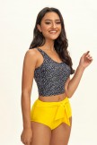 White Dots V Neck Tankini Set With Yellow Bottom