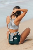 Striped Floral High Neck With Tie Zip Onepiece Swimsuit