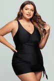 Solid Black V Neck Side Ties Swimdress