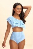 Striped Ruffle One Shoulder Bikini Set